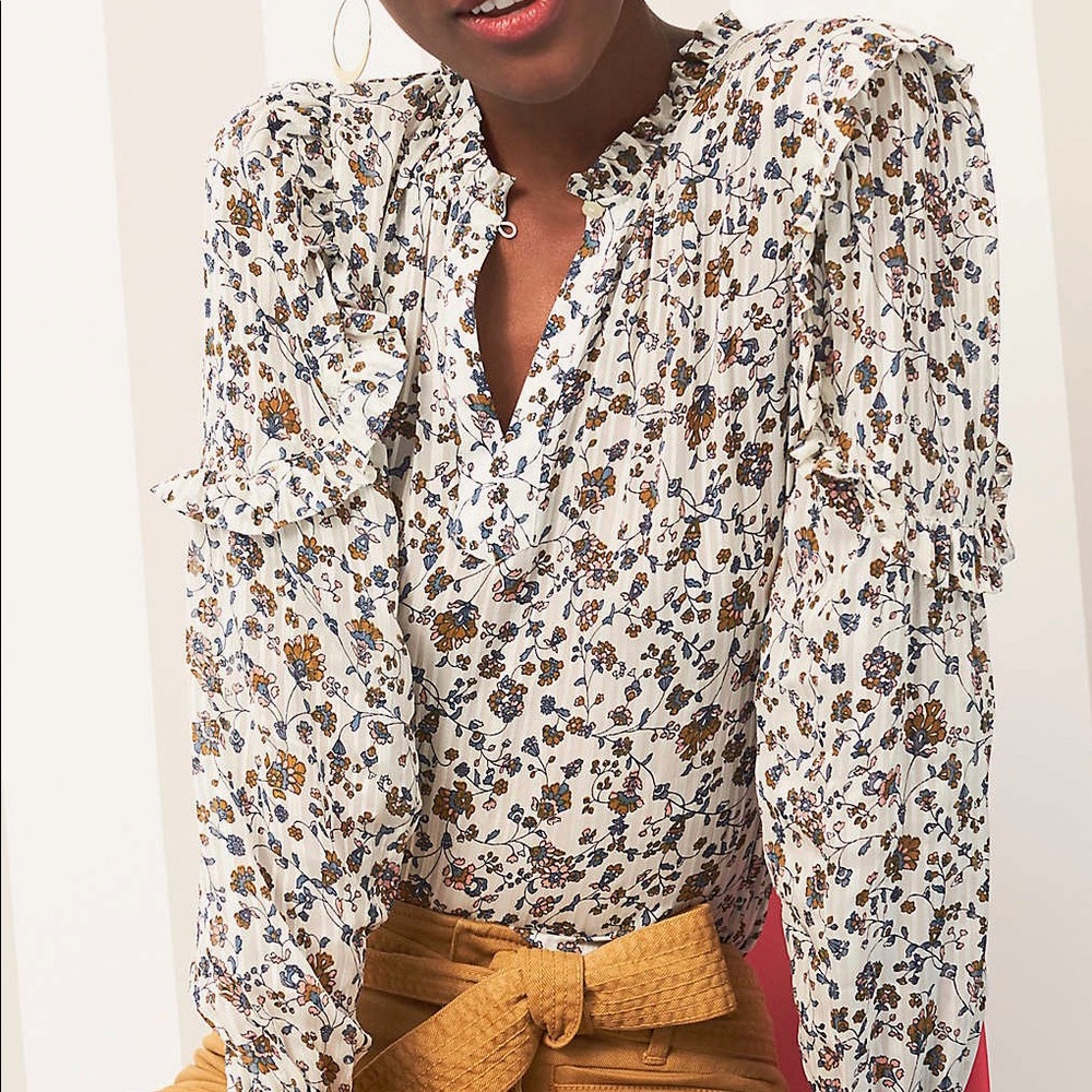 ❌SOLD LOFT Floral Ruffle Split Neck Blouse - Picture 4 of 4